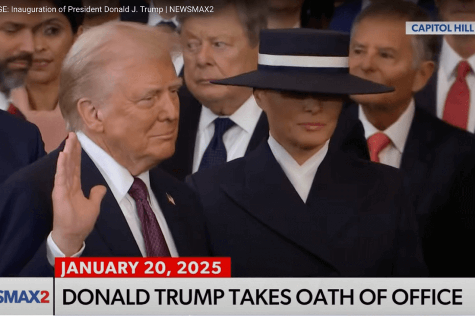 Donald Trump taking the oath of office as the President of the United States on January 20, 2025, with Melania Trump by his side during the inauguration ceremony at Capitol Hill, as covered by Newsmax2.