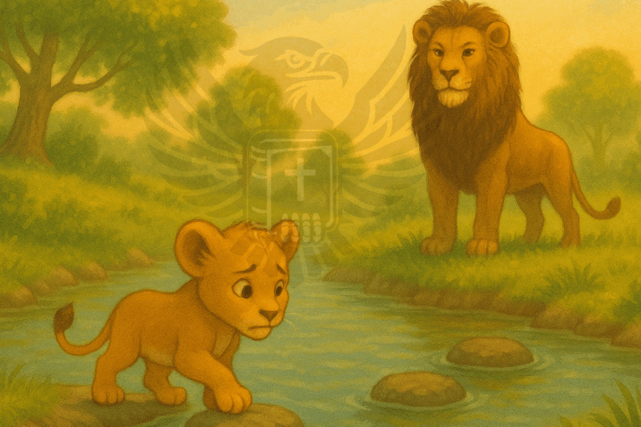 A young lion cub cautiously crosses a river on stepping stones, watched by a majestic adult lion on the opposite bank. Illustration inspired by ProphetLucky Perete.