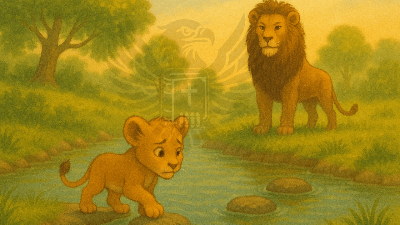 A young lion cub cautiously crosses a river on stepping stones, watched by a majestic adult lion on the opposite bank. Illustration inspired by ProphetLucky Perete.
